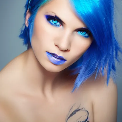 Prompt: portrait of a beautiful girl, blue hair, blue eyes, perfect face, studio portrait