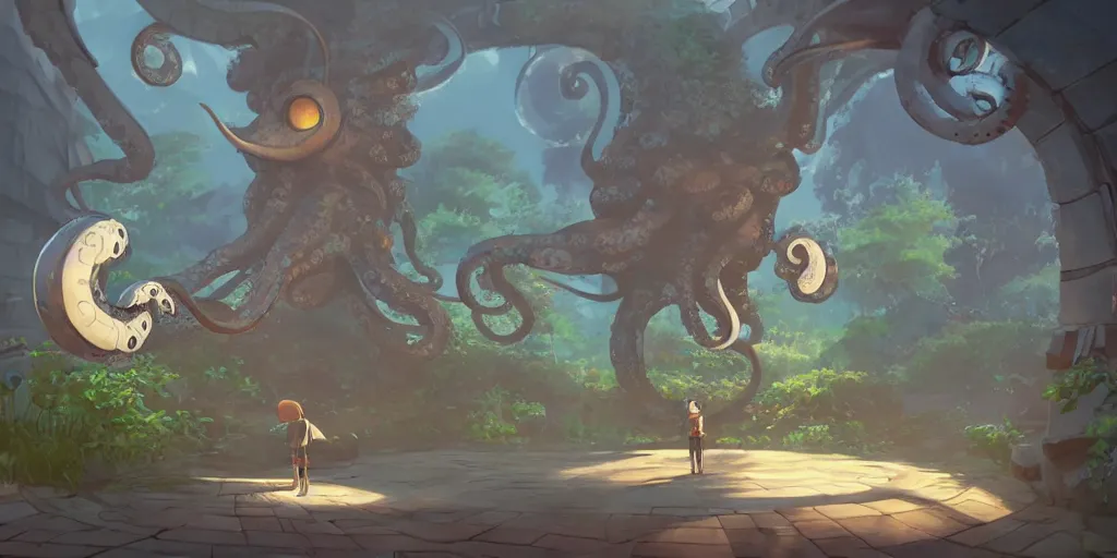 Image similar to character design, concept art, portal octopus, unreal engine, by studio ghibli,