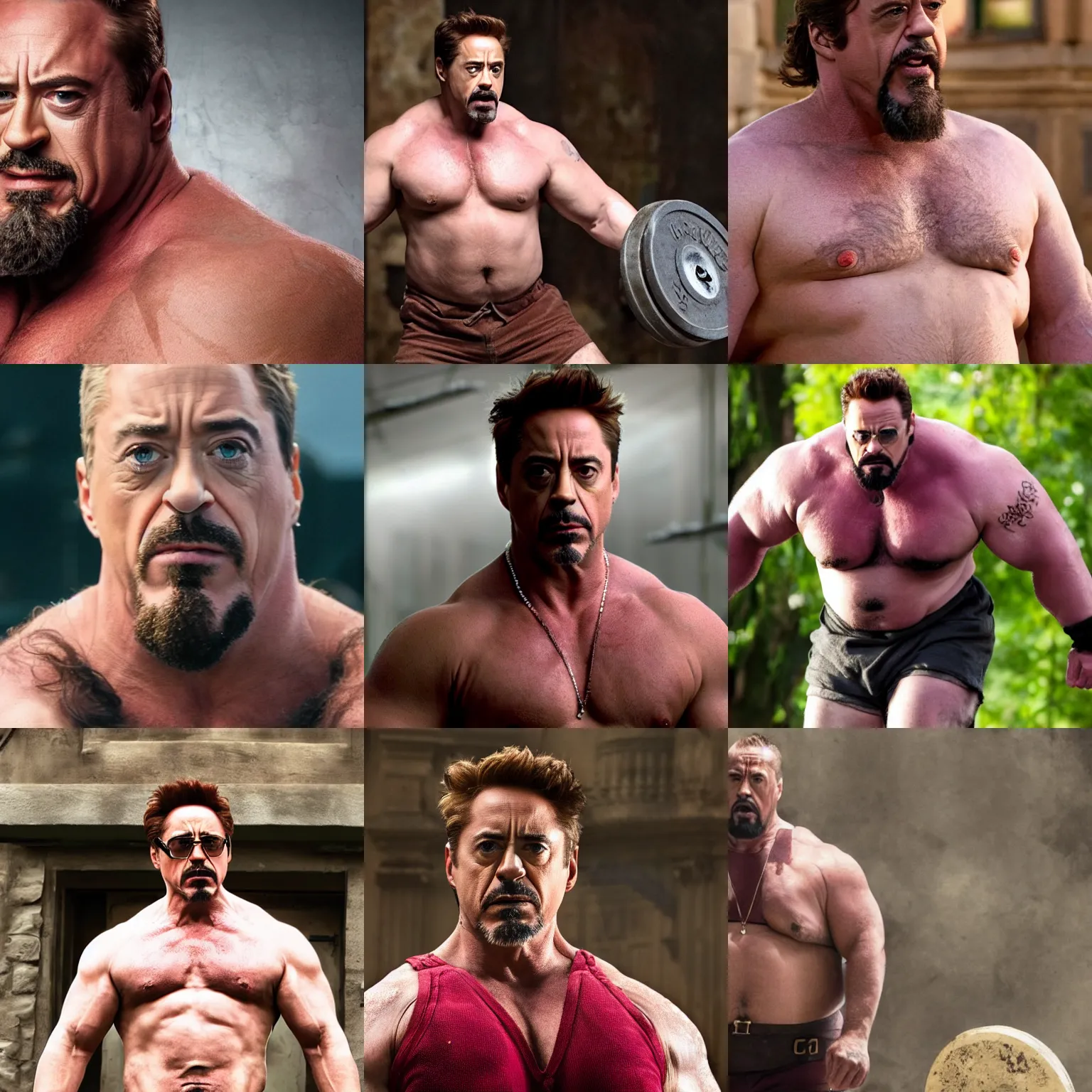 Prompt: robert downey jr as a big burly padded strongman, 4 k hd