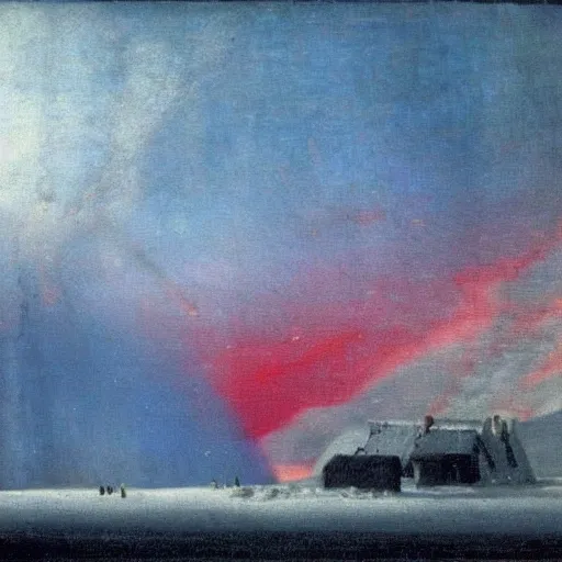 Image similar to the epic abstract painting'blue arctic void with black and red aurora borealis above a tiny inuit village ', by caspar david friedrich!!!, by rothko!!!, stunning masterpiece, trending on artstation