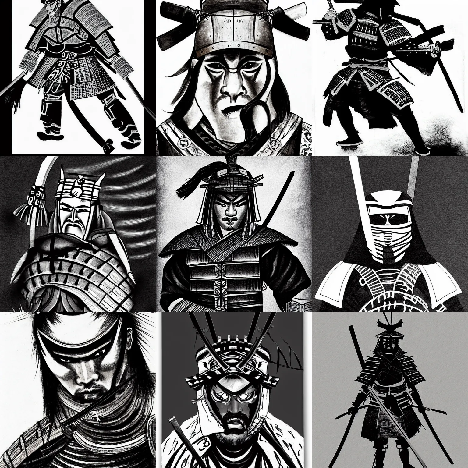 Prompt: samurai warrior, black and white ink by grzegorz rosinski