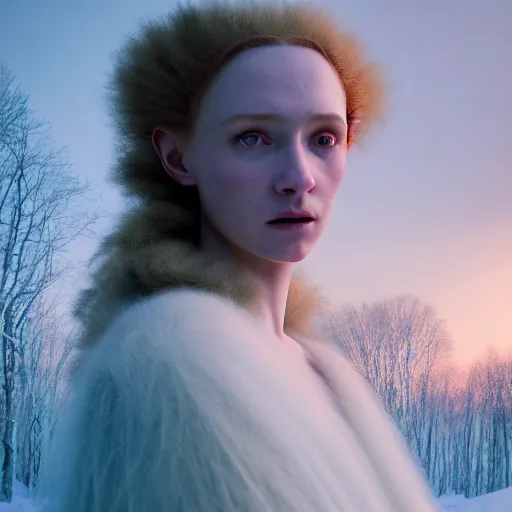 Image similar to photographic portrait of a stunningly beautiful english renaissance female in soft dreamy light at sunset, frozen forest, soft focus, contemporary fashion shoot, in a denis villeneuve and tim burton movie, by edward robert hughes, annie leibovitz and steve mccurry, david lazar, jimmy nelsson, extremely detailed, breathtaking, hyperrealistic, perfect face, octane render