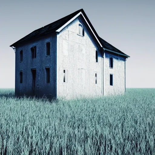 Prompt: abandoned house in white on grassland, 3 d render digital art