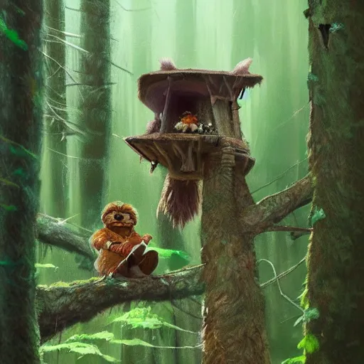 Image similar to adventurous ewok exploring the connected treehouses on top the tall wooded forest, artstation, colorful