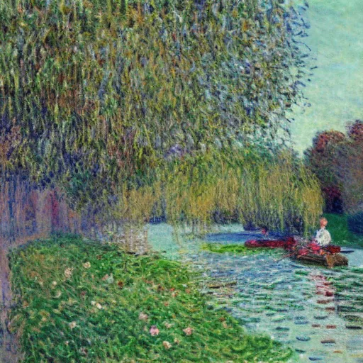 Prompt: punting boats along the river camb in cambridge, painting by claude monet, willow trees in background, beautiful, vibrant, colourful, impressionist painting, museum of modern art