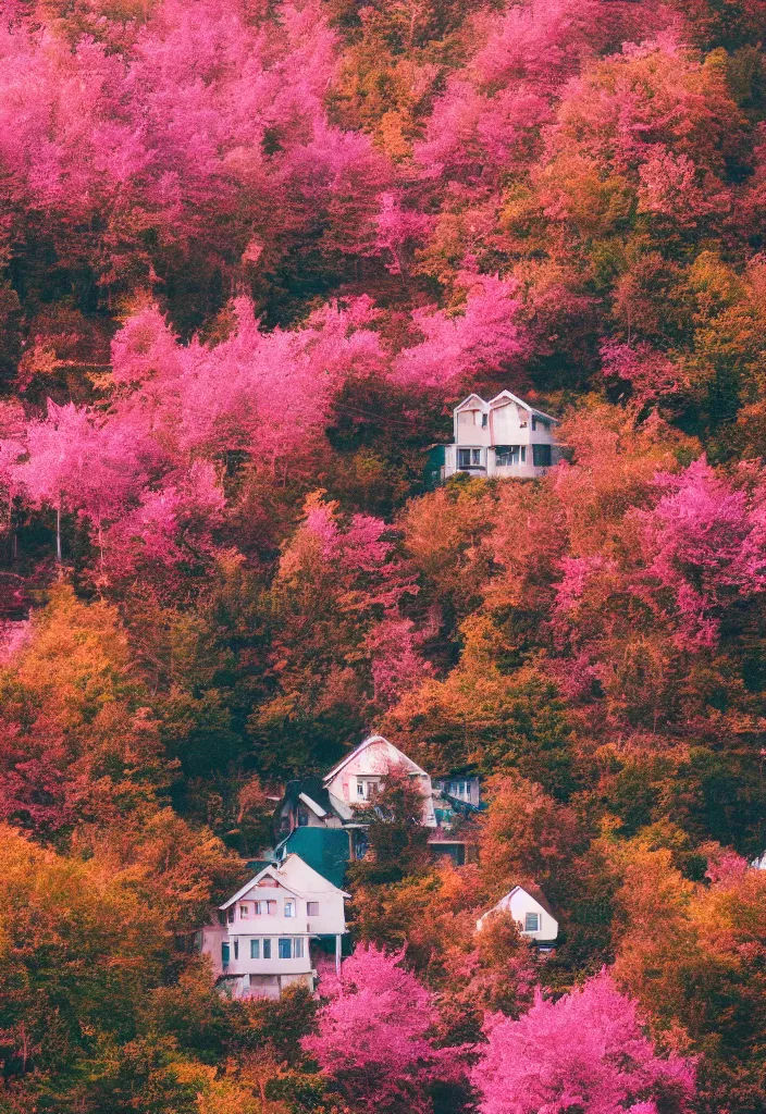 Prompt: lomo photo of small modern houses surrounded by a pink leaf forest, artstation, day, sun, cinestill, grainy