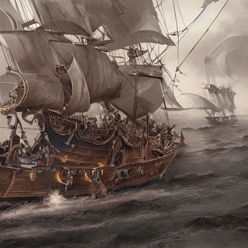 Prompt: close up of biggest pirate battle ever, pencil sketch, realistic shaded, fine details, realistic shaded lighting poster by greg rutkowski