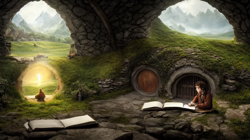 Image similar to frodo writing in his journal inside his hobbit hole bag end at the end of his journey, hobbiton visible through a window, by alan lee, michal karcz, smooth details, lord of the rings, game of thrones, smooth, detailed terrain, oil painting, trending artstation, concept art, fantasy matte painting, over the shoulder shot