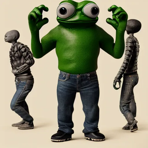 Image similar to perfectly accurate miniature figure of pepe the frog wearing jeans and a black leather jacket, soft textures, skin texture, clothing, 3d sculpture, textured, fine detail, lifelike, photo, high resolution, octane render, post processing, after effects, trending on artstation