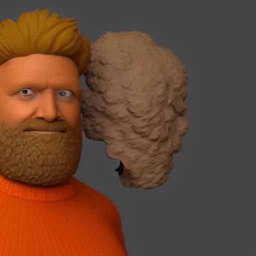 Image similar to a man with an orange hair and beard wearing a sweater, a character portrait by Bob Ross, featured on zbrush central, shock art, bob ross, bryce 3d, zbrush