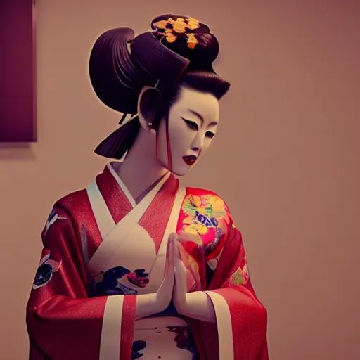 Image similar to an android geisha in a lotus position wearing a flowing kimono and tattoos, octane render, unreal engine, 8 k, cinematic, artwork by ilya kuvshinov