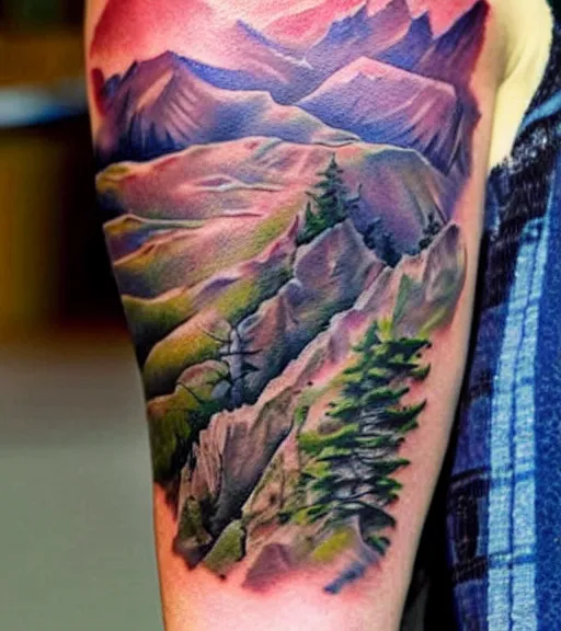 Image similar to hyper realistic tattoo design of a very beautiful woman against a background of beautiful mountains and nature, in the style of den yakovlev, amazing detail