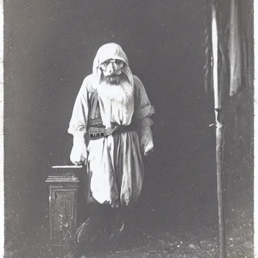 Prompt: hermit alchemist wearing scary clothing, 1900s photograph