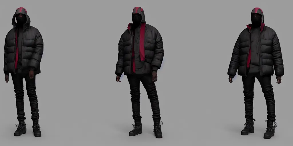 Image similar to kanye west using a full face covering black mask, a small, tight, undersized reflective bright red round puffer jacket made of nylon, dark jeans pants and big black balenciaga rubber boots in 3 d, blender, octane render, 3 d render, realistic, unreal engine, trending on sketchfab, studio light, 4 k, 8 k