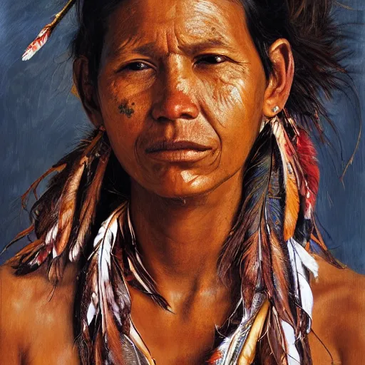 Image similar to high quality high detail painting by jenny saville, hd, a skinny beautiful indigenous woman tribe leader, hair in wind, many pretty feathers, photorealistic lighting