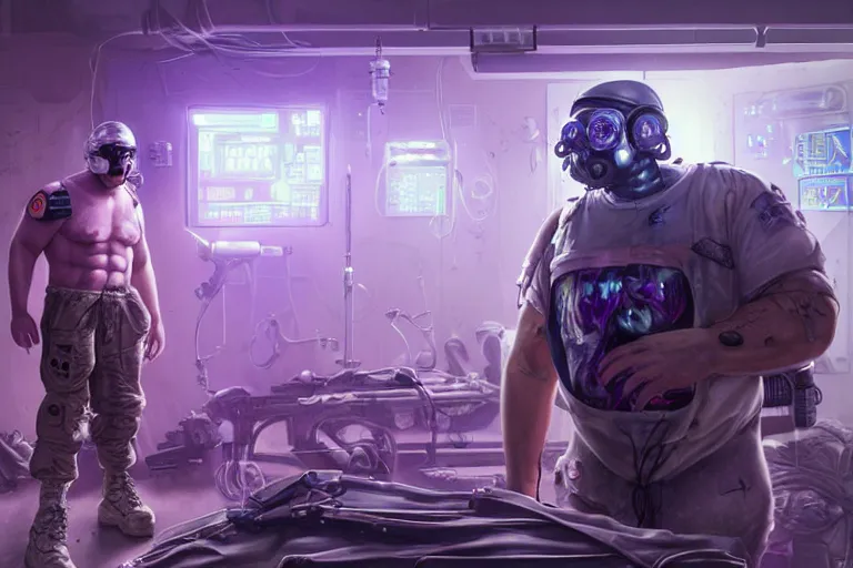 Image similar to Ultra realistic illustration, a hefty damaged cyberpunk male soldier cyborg with purple hair being patched up in a run down underground military medical bay with medical equipment hanging from ceiling, holographic display panels in background, rugged face, muscle body with battle scars, cyberpunk, soft purple neon lighting, sci-fi, fantasy, intricate, elegant, highly detailed, digital painting, artstation, concept art, smooth, sharp focus, illustration, dramatic lighting, art by Giger