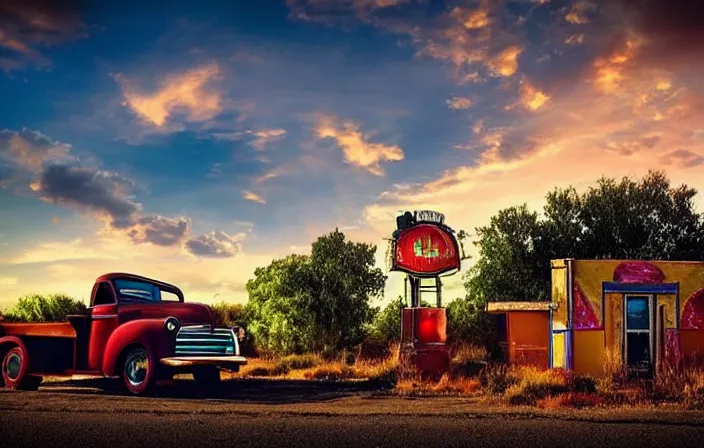 Image similar to A beautiful colorful evening scene of route66, old road with abandoned gas station and rusty old pickup truck, hyper realistic, blinding backlight evening sun, sparkling sun rays, epic scene, intense setting, evening vibe