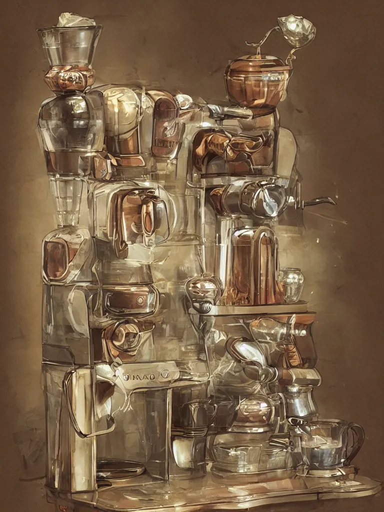 Image similar to illustration of an ancient coffee machine, by Simon Stalenhaag, by Yoshita Amano, by Esao Andrews, sharp focus, fresh colors, conceptart, trending on artstation