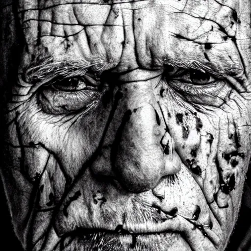 Prompt: black and white fake artificial uncanny face of a old man, odd face proportions, blood on man's face, white and black, realistic.