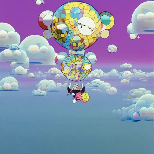 Image similar to a man walking on clouds above kyoto by takashi murakami, beeple and james jean, aya takano color style, 4 k, super detailed