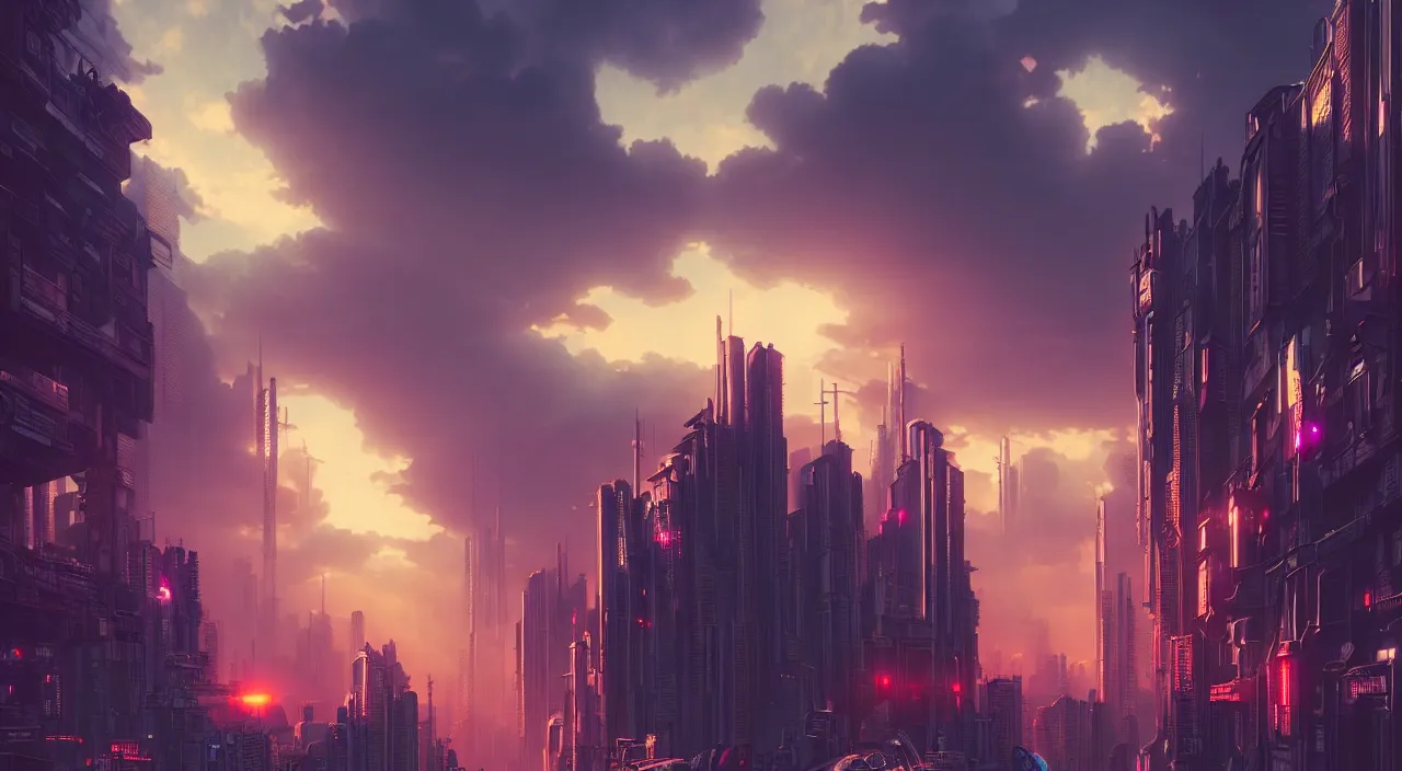 Prompt: cyberpunk city scene, art by hasui kawase, misty, red sky, gorgeous clouds, god rays, fantasy art, octane render, ureal engine, high detail, alphonse mucha, greg rutkowski, james gurney, johannes voss