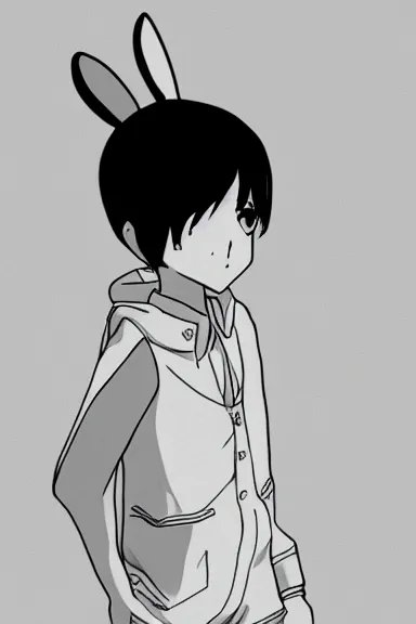 Image similar to attractive little boy wearing an bunny suit, black and white artwork in manga style, made by makoto shinkai