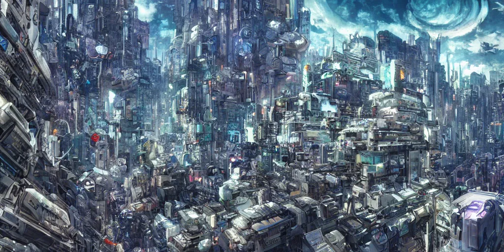 Image similar to Wide angle shot of a densely packed futuristic city, landscape, sci-fi, cyberpunk, Digital art, detailed, anime, artist Katsuhiro Otomo