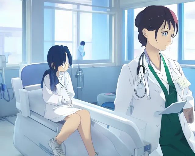 Prompt: a cute young female doctor wearing white coat are talking to a little body in a hospital, slice of life anime, anime scenery by Makoto shinkai