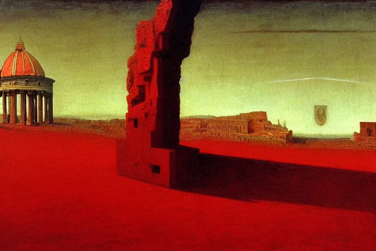 Image similar to only with red, caesar after war, a red tiger, in hoc signo vinces, rome in background, an ancient path, in the style of beksinski, part by hopper, part by rodcenko, part by hofbauer, intricate composition, red by caravaggio, insanely quality, highly detailed, masterpiece, red light, artstation