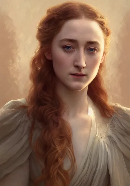 Image similar to sansa saoirse ronan, intricate, elegant, highly detailed, digital painting, artstation, concept art, smooth, sharp focus, illustration, art by artgerm and greg rutkowski and alphonse mucha and william - adolphe bouguereau