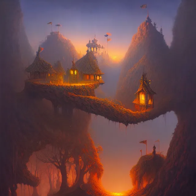 Image similar to a beautiful dark acrylic painting of a dark fantasy land by Raja Ravi Varma and Gediminas Pranckevicius, trending on ArtStation.