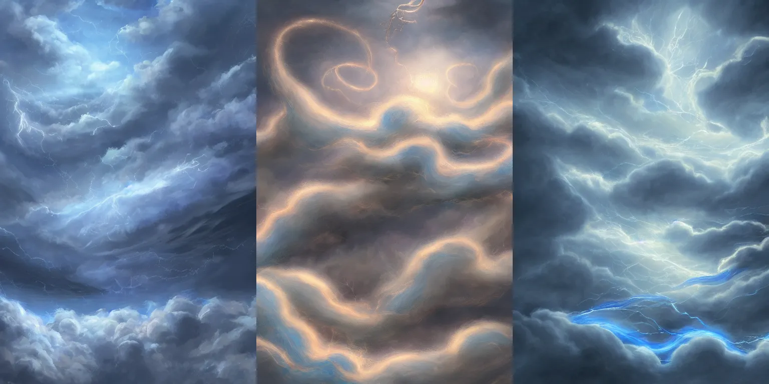 Prompt: Storm of flying scrolls and blue ribbons. Clouds, lighting. Fantasy, digital painting, HD, 4k, detailed, vibrant.