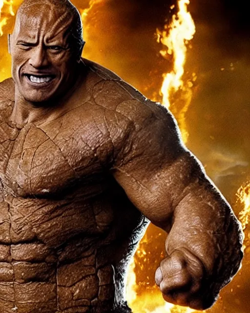 Prompt: dwayne johnson as ben grimm in the new fantastic four movie. dwayne is wearing an elaborate ben grimm style rock monster suit designed by rick baker. dwayne is wearing the fantastic four costume