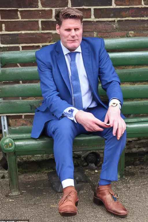 Image similar to Sir Kier Starmer in a blue suit wearing a flat cap on his head sitting on a bench alone holding a large plastic green bottle of cider, at his feet are empty cans and bottles