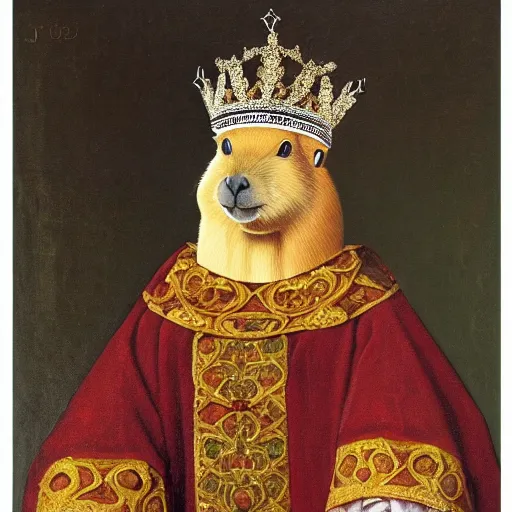 Prompt: an oil painting portrait of a capybara wearing medieval royal robes and an ornate crown on a dark background, highly detailed