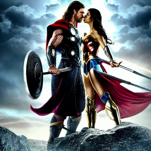 Image similar to chris hemsworth as thor, and gaul gadot as wonder woman, romantic movie scene, kissing, making out, photo