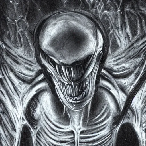Image similar to xenomorph in ice cavern, close up photo, creepypasta, monochromatic