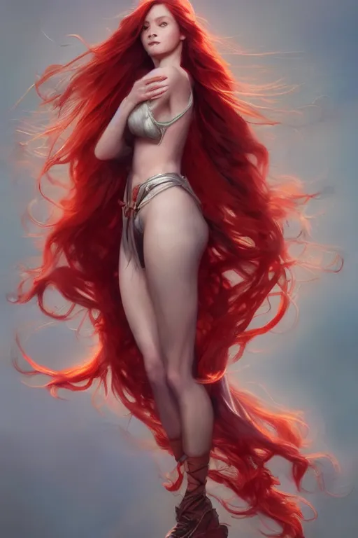 Prompt: beautiful cute red haired joyful and playful 1 9 year old maiden standing up, long hair, sci - fi, fantasy, intricate, elegant, digital painting, artstation, concept art, smooth, sharp focus, 8 k frostbite 3 engine, ultra detailed, art by artgerm and greg rutkowski and magali villeneuve