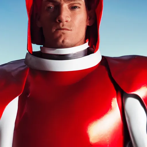 Image similar to headshot of a tall athletic muscular infantry man in glossy sleek white armor with tiny red details and a long red cape, heroic posture, strong jawline, on the surface of mars, night time, dramatic lighting, cinematic, sci-fi, hyperrealistic