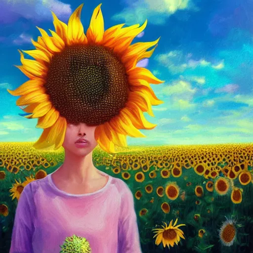 Image similar to giant sunflower head, portrait of girl in flower field, holding daisies, surreal photography, sunrise, impressionist painting, colorful clouds, digital painting, artstation, simon stalenhag, flower face