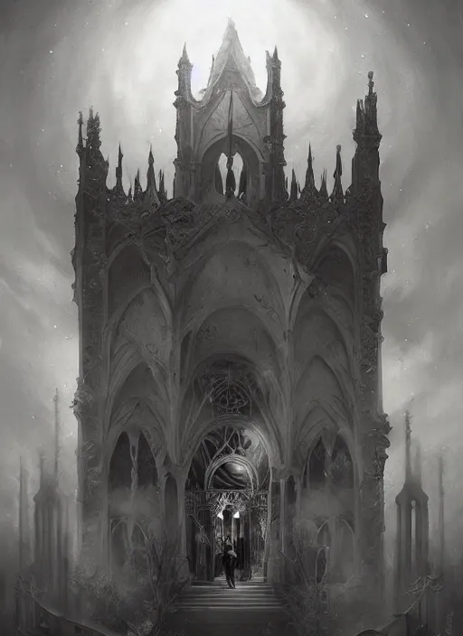 Image similar to By Tom Bagshaw, ultra realist soft painting of a gothic crypt by night, female vampire smile, horror, omnious sky, symmetry accurate features, very intricate details, black and white, volumetric light clouds