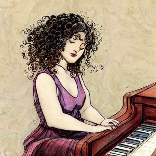 Image similar to girl with curly blonde hair sitting at a piano, art by rebecca guay