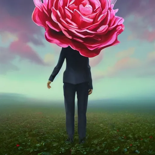 Image similar to closeup, giant rose flower head, frontal, girl in a suit, surreal photography, sunrise, dramatic light, impressionist painting, digital painting, artstation, simon stalenhag