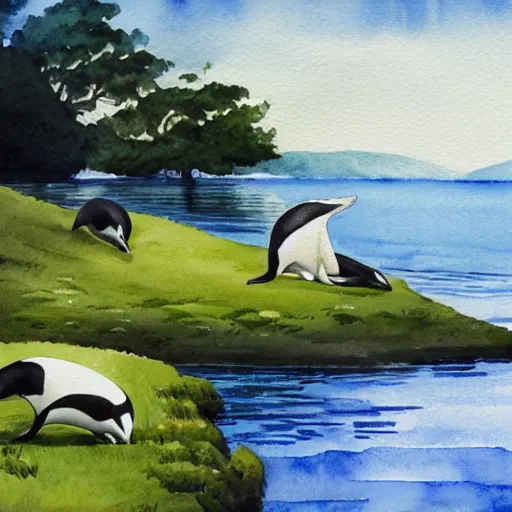 Prompt: an idyllic pastoral watercolor painting of an orca eating a seal