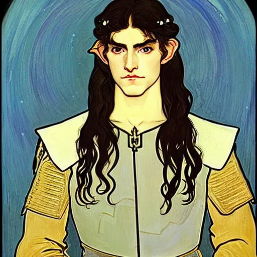 Image similar to portrait painting of young handsome beautiful paladin elf!! man with long! wavy dark hair and blue eyes in his 2 0 s named taehyung minjun james, pale, wearing armor!, gorgeous hair, elf ears, icy eyes, elegant, cute, delicate, soft facial features, art by alphonse mucha, vincent van gogh, egon schiele,