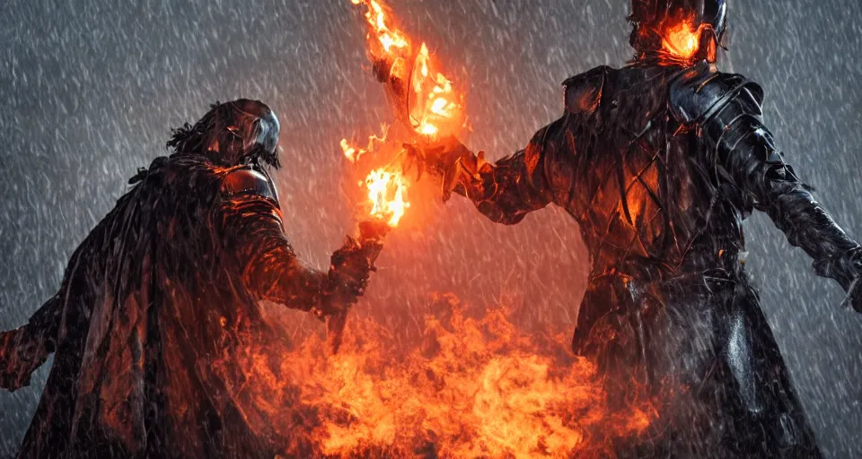 Image similar to The dark paladin with a heated sword in his hand and a burning flame with a sword in the rain. cinematic shot from back, realistic, 4K,