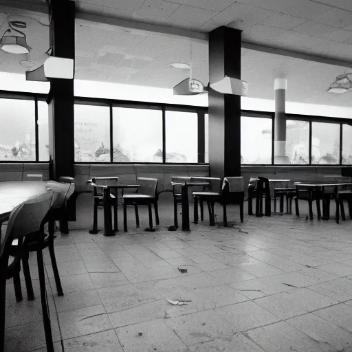 Image similar to a 3 5 mm pentax k 1 0 0 0 photograph of a liminal empty moody mcdonalds interior. empty tables. food garbage scattered about.