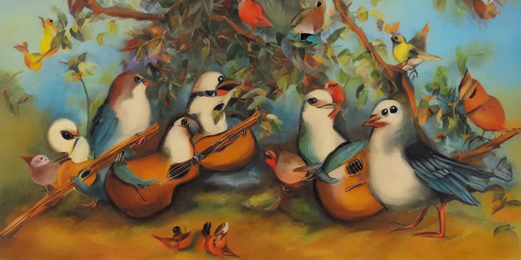 Prompt: musical band of cute birds, oil on canvas, storybook style