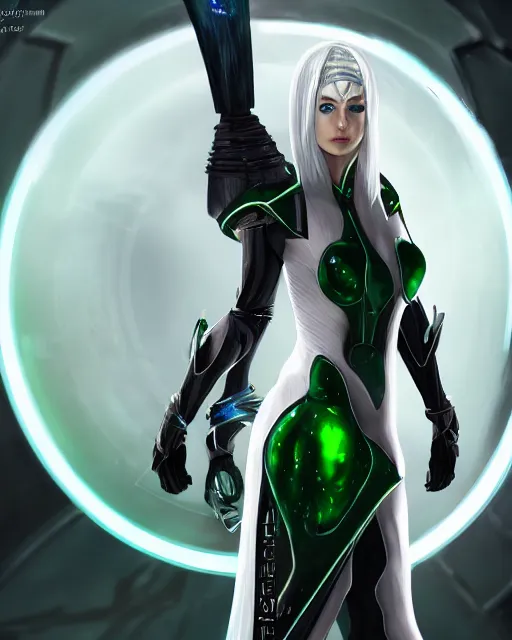 Image similar to perfect white haired attractive egyptian god, warframe armor, beautiful, symmetric, dreamy, half asian,, green eyes, charlize theron, detailed, scifi platform, laboratory, experiment, 4 k, ultra realistic, epic lighting, android body, illuminated, cinematic, masterpiece, art by akihito tsukushi, voidstar