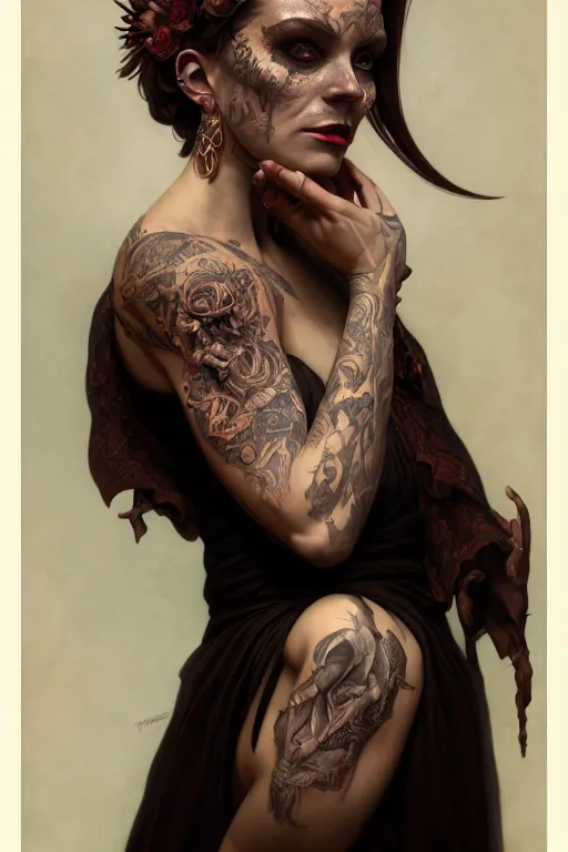 Image similar to portrait of a satanic witch, tattooed face, upper body, decorated, intricate, elegant, highly detailed, digital painting, artstation, concept art, smooth, sharp focus, illustration, art by artgerm and greg rutkowski and alphonse mucha, 8 k